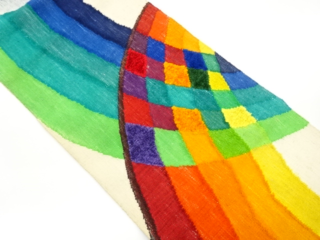 手織り真綿紬変わり縞に曲線・菱模様織出し名古屋帯